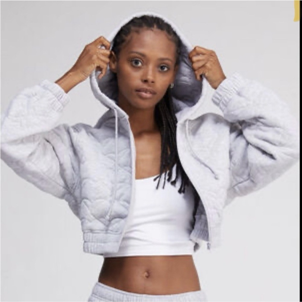 Pacsun Nevada Womens Jacket Gray Cropped Full Zip Quilted Hoodie Ribbed